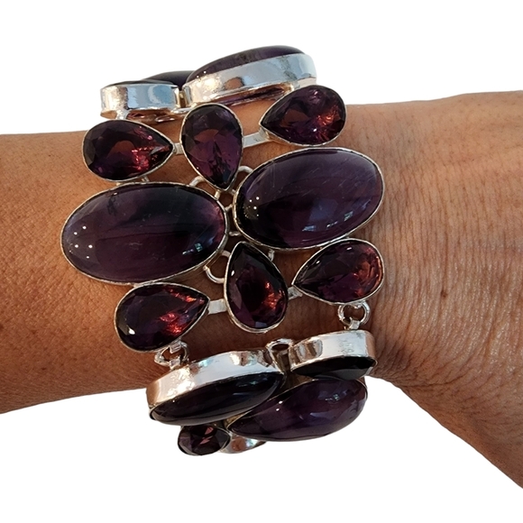 Silver amethyst gemstone bracelet chunky statement bracelet plus glass stones - Picture 8 of 15